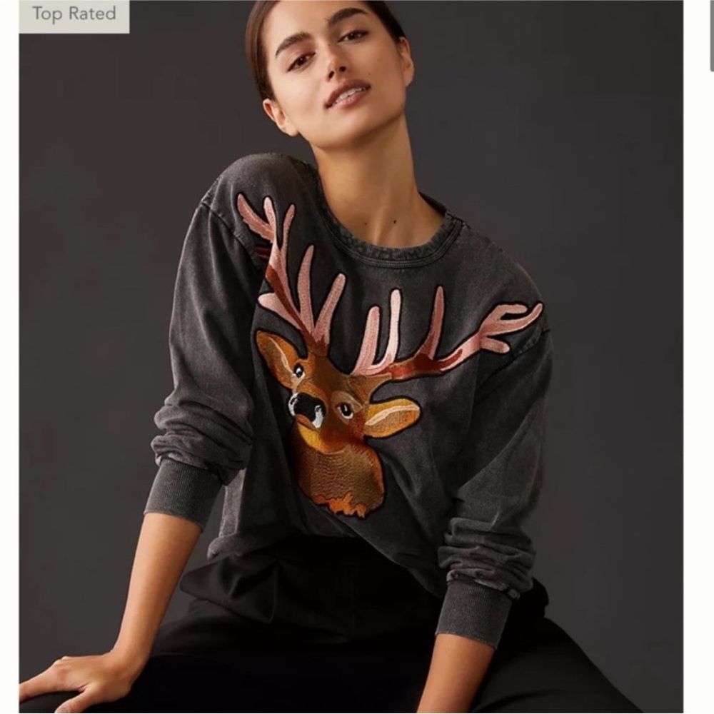 Tiny Embroidered Deer Crewneck Cropped Charcoal Sweatshirt